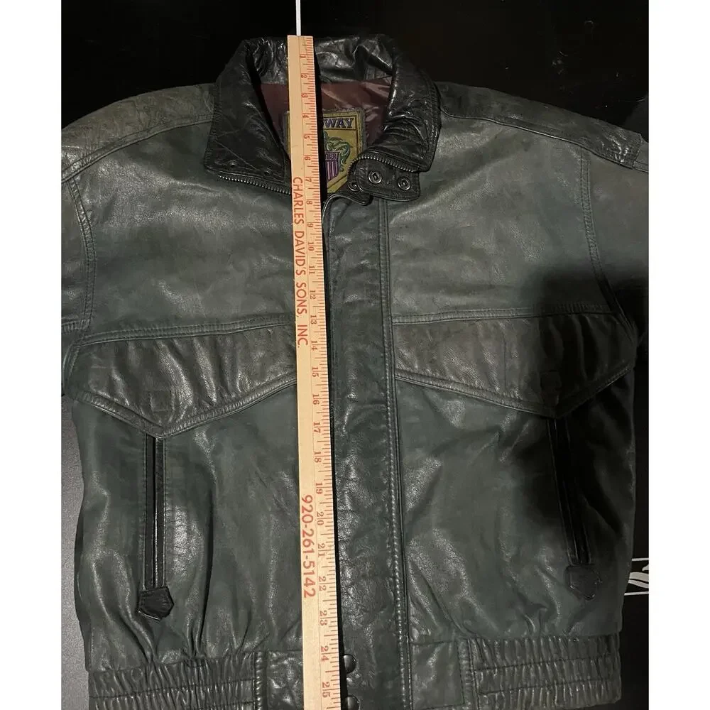 Vintage 80s Midway Leather Bomber Jacket Mens Small Sage Green Slate Flight Coat